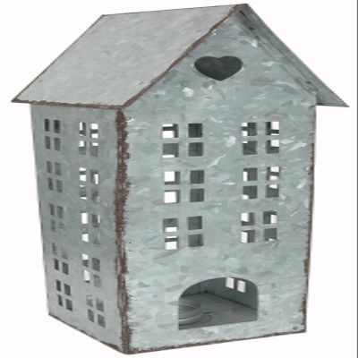 Sweet Summer Living Tabletop Farmhouse Decor, Tin Houses, Christmas Display Village House 14 Inch Height X 5.25 Inch Width X 4.25 Inch Length Metal Galvanized Antique Gray