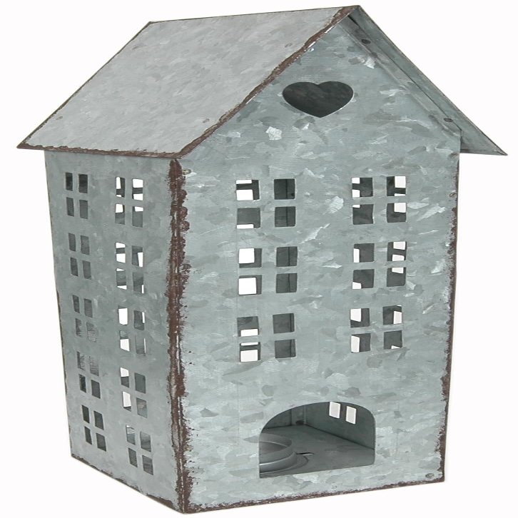 Sweet Summer Living Tabletop Farmhouse Decor, Tin Houses, Christmas Display Village House 14 Inch Height X 5.25 Inch Width X 4.25 Inch Length Metal Galvanized Antique Gray