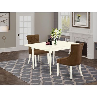 HomeStock 3-Piece Dining Set - Linen Fabric Table & Chairs - Transitional Style - Dark Coffee & Linen White Finish