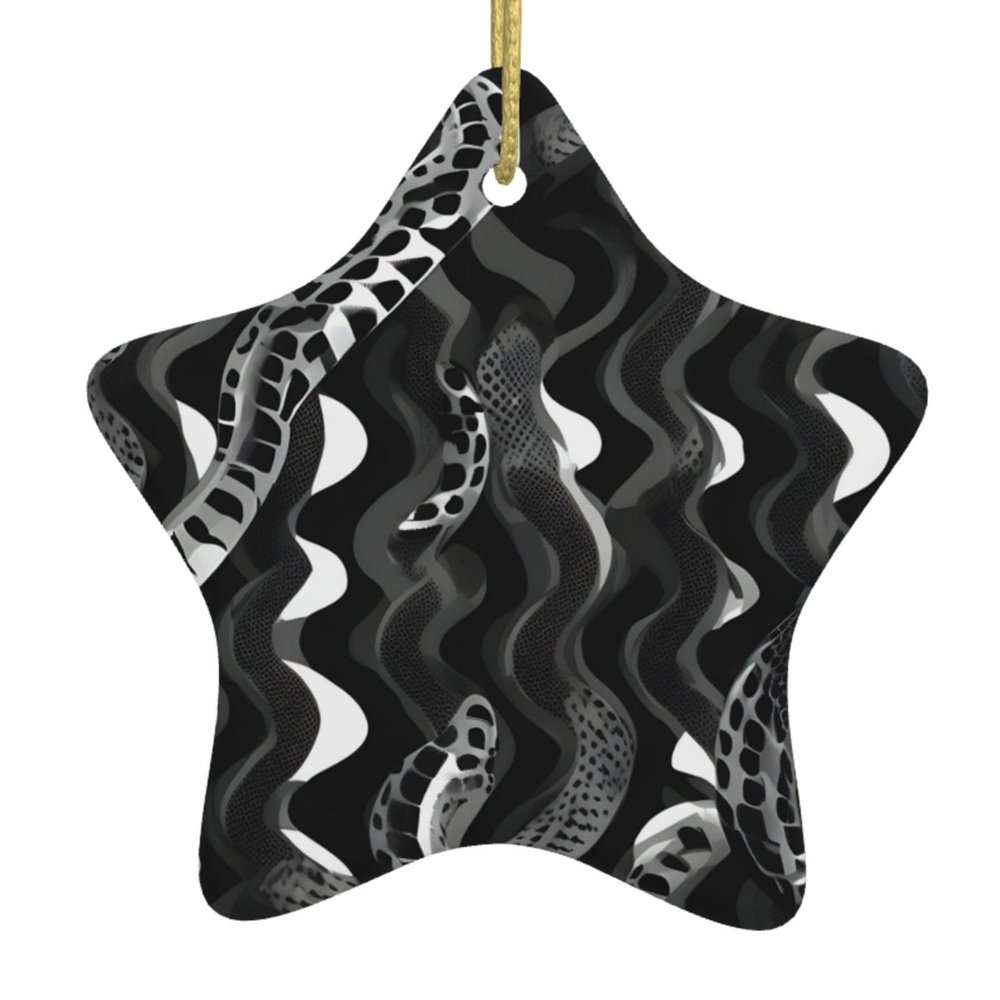 Black White Snake Skin Pattern Christmas Ceramic Ornaments-Star Hanging Decorations Perfect for Parties and Holiday Decor