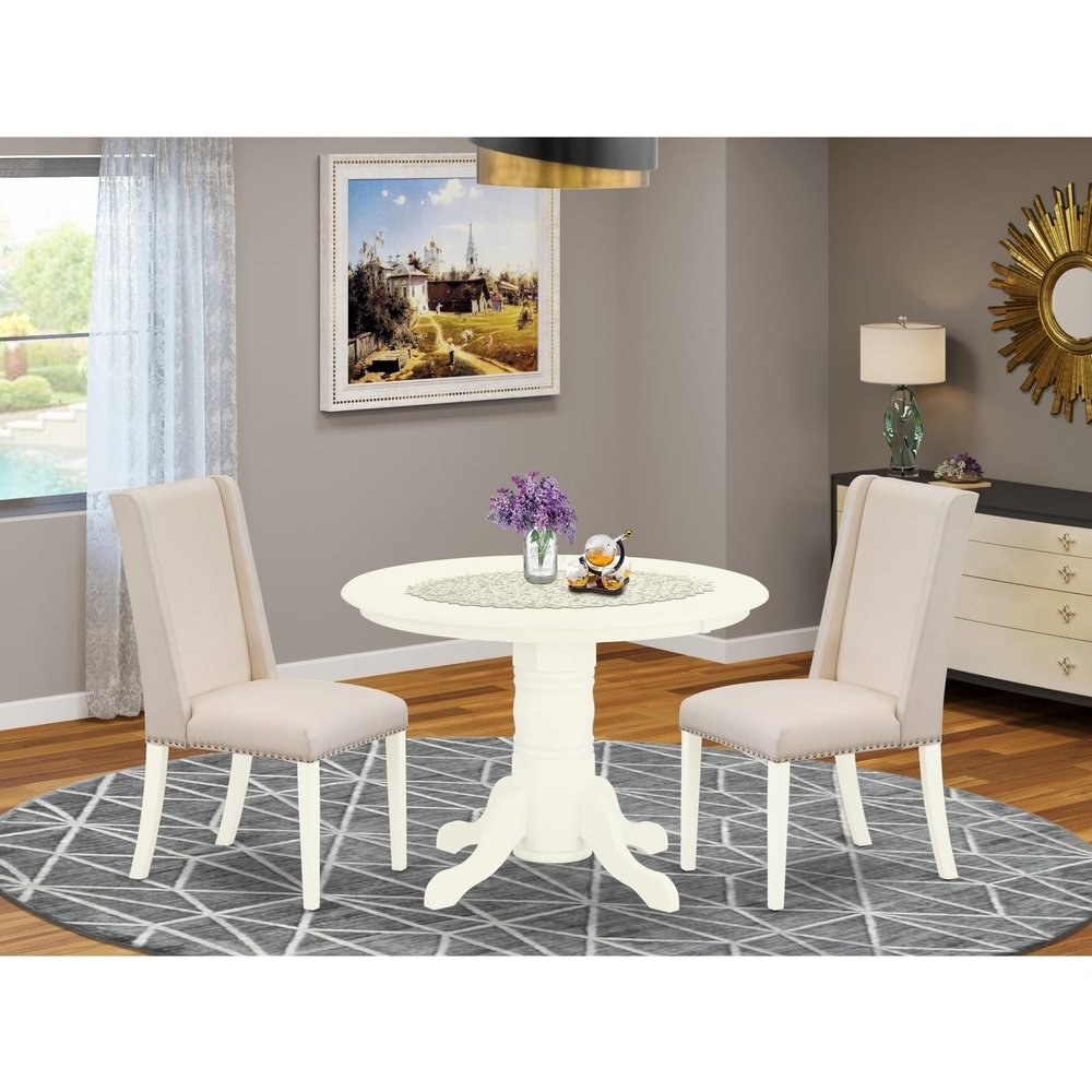 HomeStock Round Dining Table Set - 3 Piece Dinette Set with Kitchen Chairs - Linen White Finish