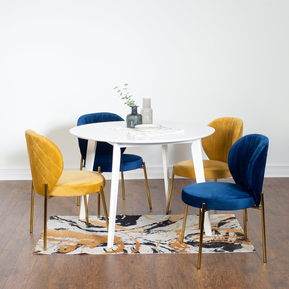 Roundhill Furniture Amoa Contemporary 5-Piece Dining Set, White Round Dining Table with 4 Chairs, Blue and Yellow
