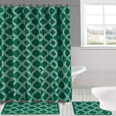 15-Piece Set Bathroom Bath Mat Rugs Shower Curtain Butterfly or Honey Comb Printed Design (Honey Hunter Green)