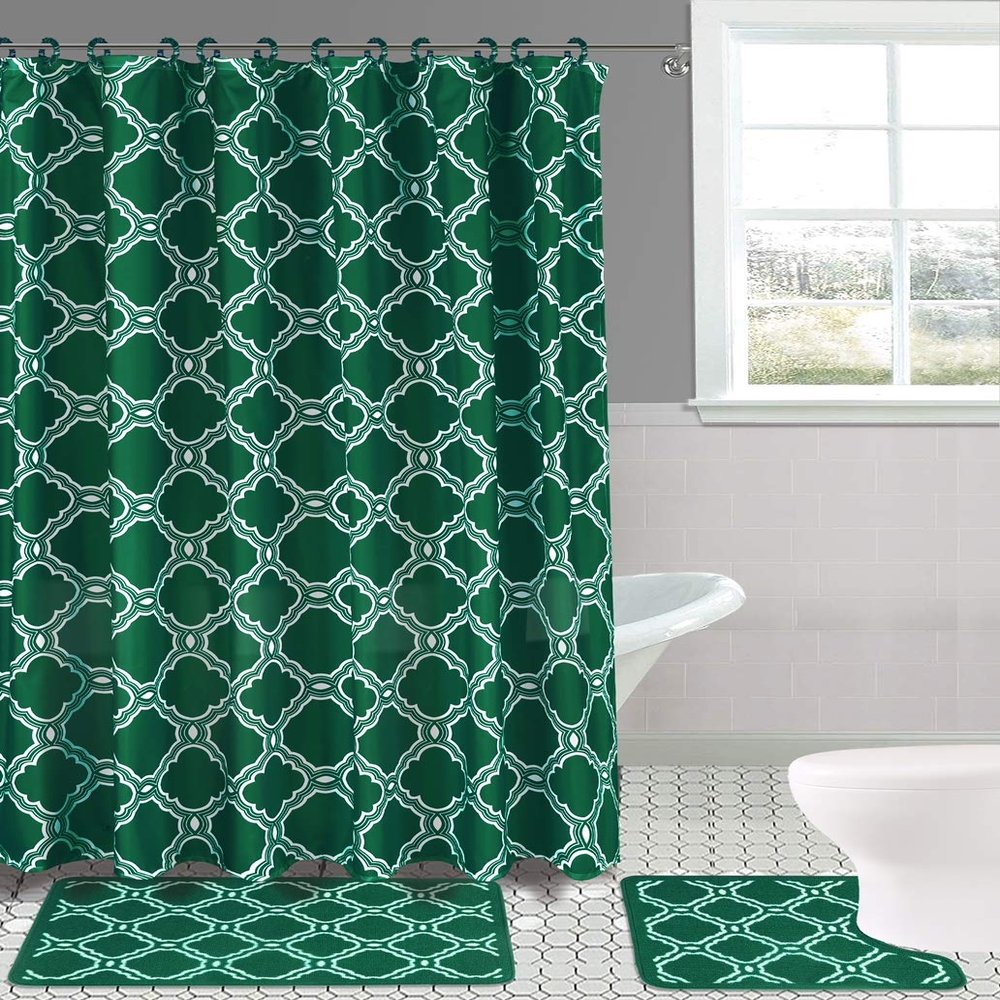 15-Piece Set Bathroom Bath Mat Rugs Shower Curtain Butterfly or Honey Comb Printed Design (Honey Hunter Green)