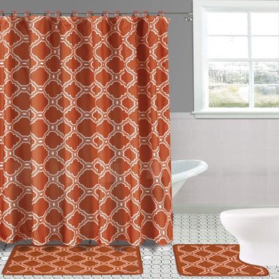 15-Piece Set Bathroom Bath Mat Rugs Shower Curtain Butterfly or Honey Comb Printed Design (Honey Orange)