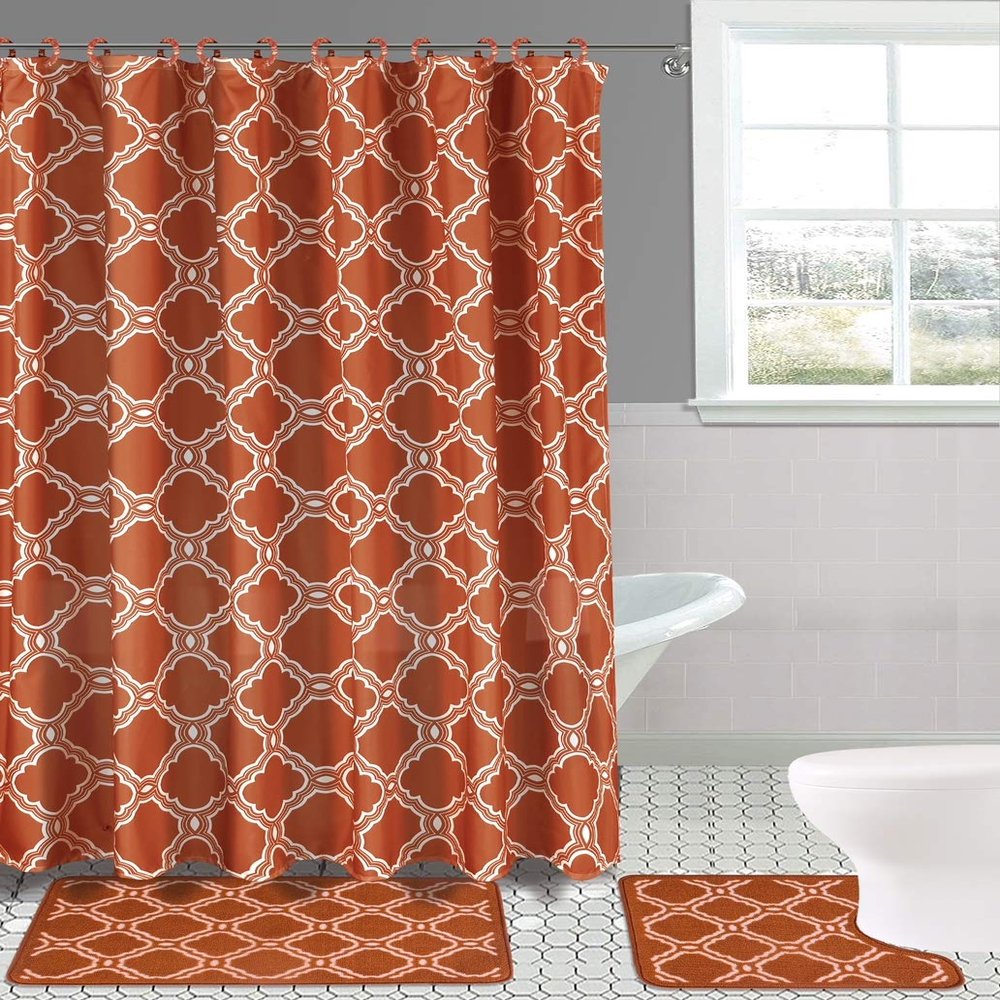 15-Piece Set Bathroom Bath Mat Rugs Shower Curtain Butterfly or Honey Comb Printed Design (Honey Orange)