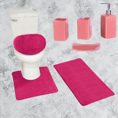 7-Piece Bathroom Set 2 Non-Slip Bathtub and Contour Mat Rug Lid Cover and Ceramic Accessory Rock and Solid #6 Design (#6 Hot Pink)