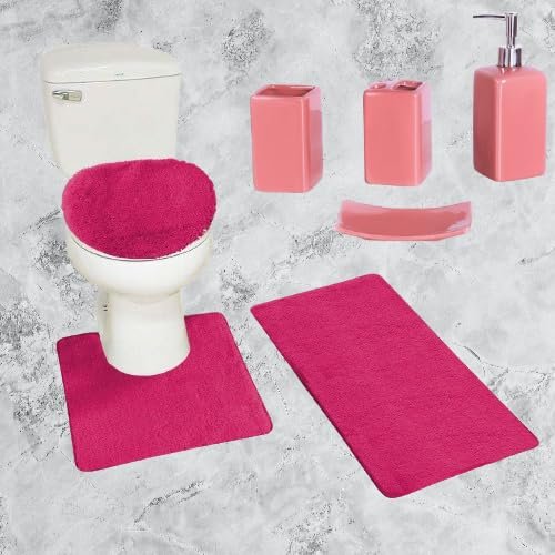 7-Piece Bathroom Set 2 Non-Slip Bathtub and Contour Mat Rug Lid Cover and Ceramic Accessory Rock and Solid #6 Design (#6 Hot Pink)
