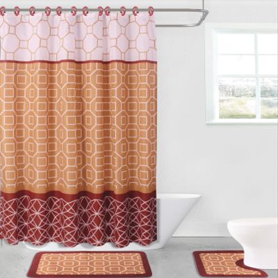 15-Piece Set Bathroom Bath Mat Rugs Shower Curtain Diamond or Geometric Printed Design (Diamond Burgundy)