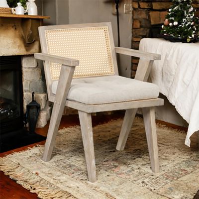 Finca ancha Accent Saucer Chair Upholstered Leather Armchair Rattan Chair Butacas para Sala Modernas with Rubber Wood Backrest Frame for Living Room, Dining Room, Bedroom (Natural + Linen)