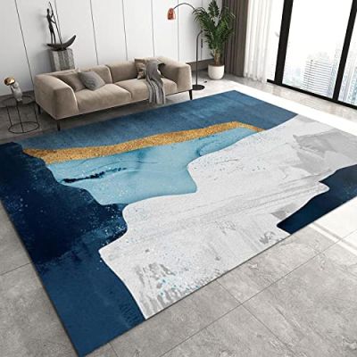 Abstract Ink Blue Gray Gold Geometry Art Area Rug, Nordic Fashion Minimalist Indoor Rug, Soft Foldable Non Slip Breathable Sofa Carpets for Living Room Bedroom Entryway Hotel Office 4x5ft