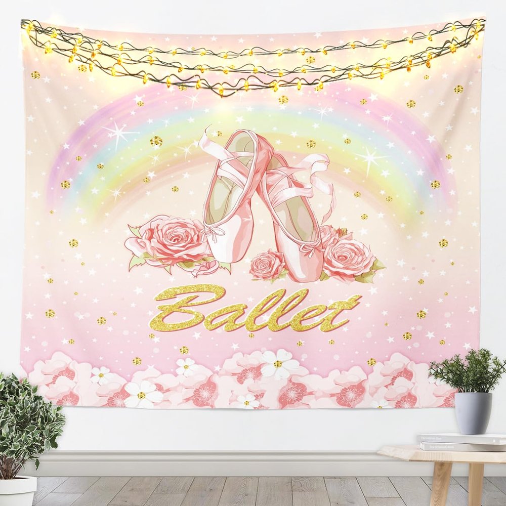 Ballet Dance Kids Tapestry,Ballet Shoes Rose Flowers Romantic Wall Tapestries,Boys Girls Adults Room Decor,Rainbow Starry Sky Wall Hanging,Pink Dreamy Home Wall Decor,Small 51.2 x 59.1 Inches