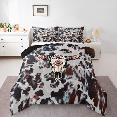 Erosebridal Western Cowhide Bedding Sets Highland Cow Skull Fur Print Full Comforter Set for Boys Men Boho Aztec Comforter Tribal Exotic Bohemian Bed Duvet Set Brown Southwestern Animal Room Decor