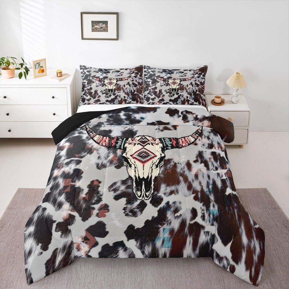 Erosebridal Western Cowhide Bedding Sets Highland Cow Skull Fur Print Full Comforter Set for Boys Men Boho Aztec Comforter Tribal Exotic Bohemian Bed Duvet Set Brown Southwestern Animal Room Decor