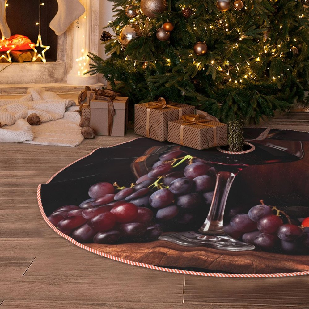 Fruit Grape Red Wine Christmas Tree Skirt 48" Xmas Tree Skirts Mat Farmhouse Design Christmas Tree Cover Mat for Xmas Party Holiday Decorations Indoor Outdoor