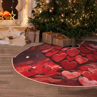 Red Hearts Love Christmas Tree Skirt 48" Xmas Tree Skirts Mat Farmhouse Design Christmas Tree Cover Mat for Xmas Party Holiday Decorations Indoor Outdoor