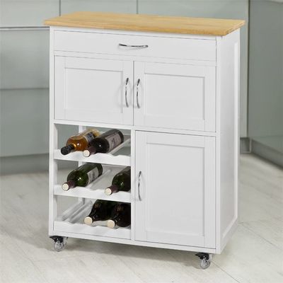 Pimex Trolley Kitchen Storage Serving Trolley Cart with Rubber Wood Worktop Storage Cabinet (D W67 x D37 x H87cm)