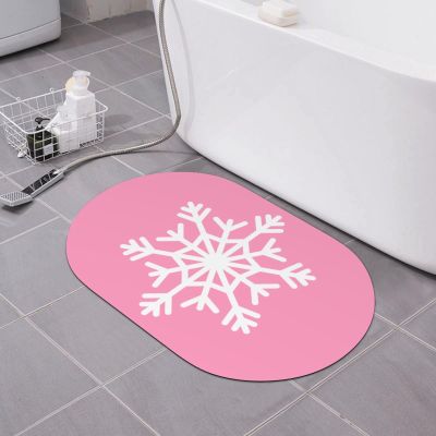 White Snowflakes Non Slip Thin Bath Mat Quick Dry Absorbent Soft Pink Bathroom Rug Christmas Home Decorations Diatomaceous Earth Shower Rug Rubber Backed Dirt Resistant Floor Mat (Oval,16"x24")