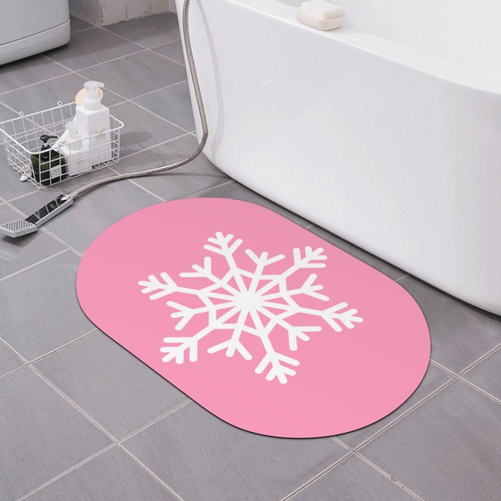 White Snowflakes Non Slip Thin Bath Mat Quick Dry Absorbent Soft Pink Bathroom Rug Christmas Home Decorations Diatomaceous Earth Shower Rug Rubber Backed Dirt Resistant Floor Mat (Oval,16"x24")