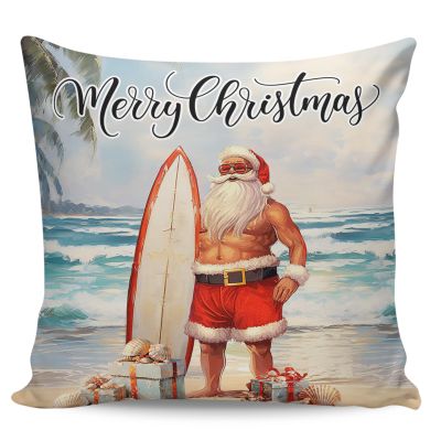 Aiesther Merry Christmas Throw Pillow Covers Santa Claus Surfboard Beach Short Plush Pillowcase Home Decor Cushion Case for Couch Sofa Bed 20" x 20", Super Soft & Comfortable