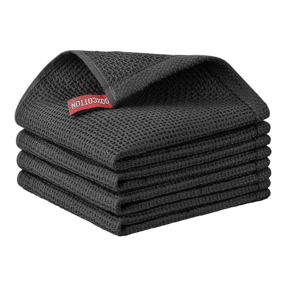 Nialnant 100% Cotton Waffle Weave Kitchen Towels,4 Pack Dish Cloths for Washing Dishes,Dish Towels,Super Soft Absorbent Cleaning Rags-Black, 12 x 12 in