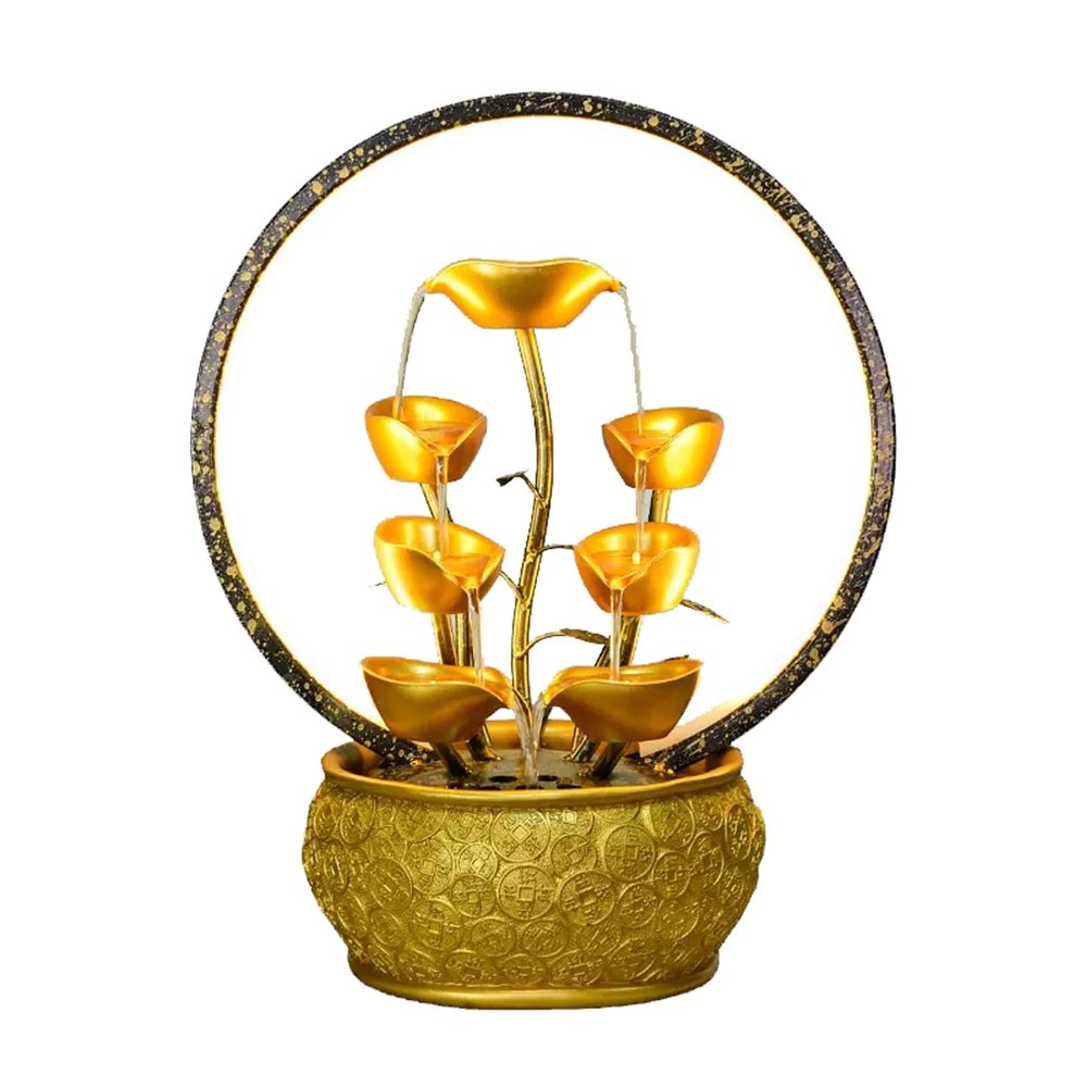 Tabletop Water Fountain Indoor Fountain Tabletop Fountain Waterfall Fountains Relaxation Water Feature Feng Shui Good Luck Wealth Desktop Fountain with Light Home and Office Indoor Decor, Gold Office