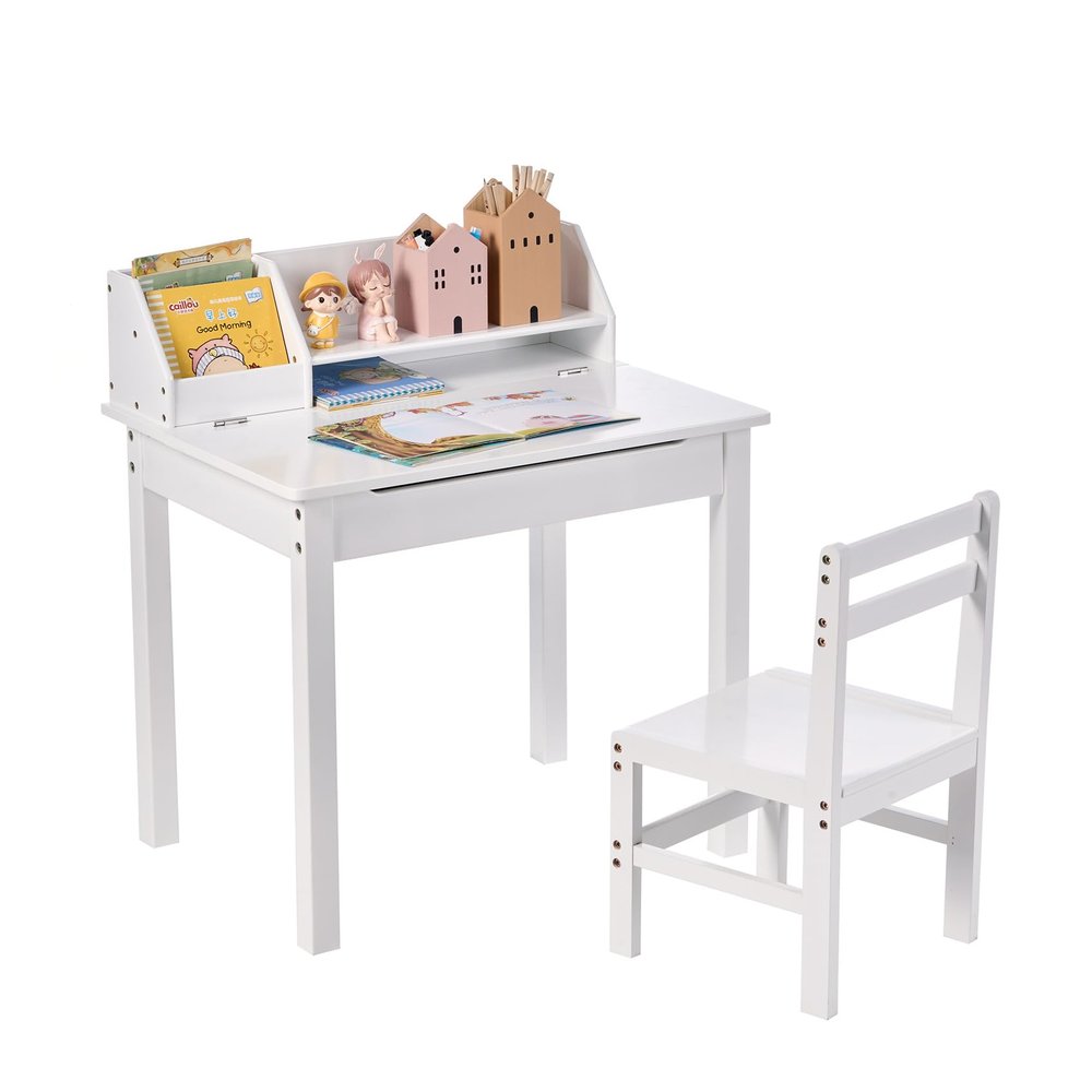 UNICOO Bamboo Toddler Desk and Chair Set with Lift-Top Storage, Kids Study Table with Hutch and Bookshelf, Writing Reading Art Desk for Boys and Girls Ages 3-8