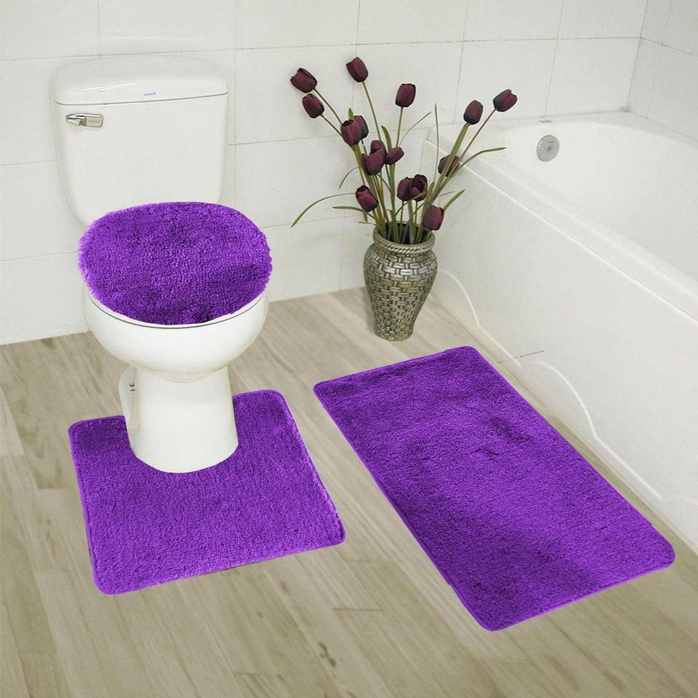3 Piece Basic Polyester Ultra Plush Rugs Set with Toilet Lid Cover Bathroom Set #6 (Purple)