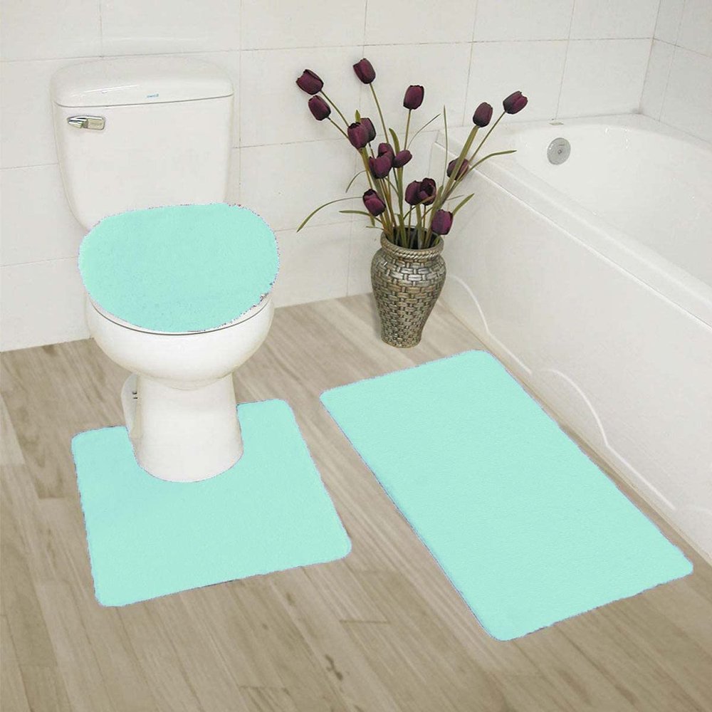 3 Piece Basic Polyester Ultra Plush Rugs Set with Toilet Lid Cover Bathroom Set #6 (Mint Green)