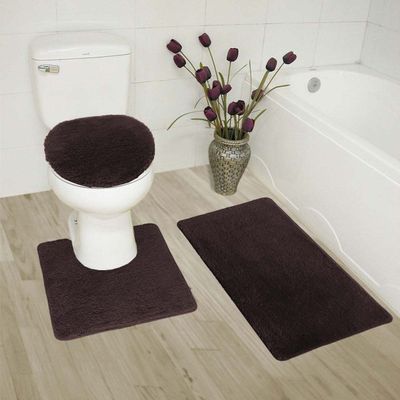 3 Piece Basic Polyester Ultra Plush Rugs Set with Toilet Lid Cover Bathroom Set #6 (Brown)