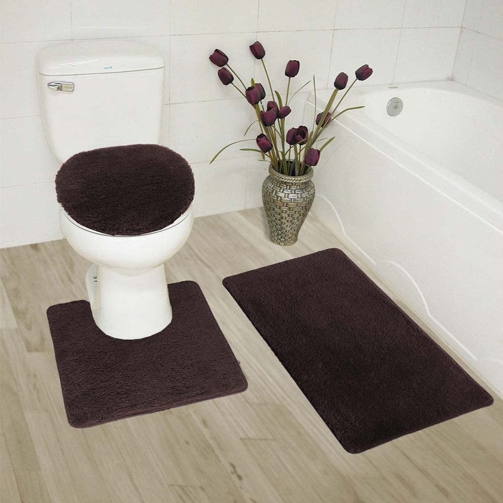 3 Piece Basic Polyester Ultra Plush Rugs Set with Toilet Lid Cover Bathroom Set #6 (Brown)