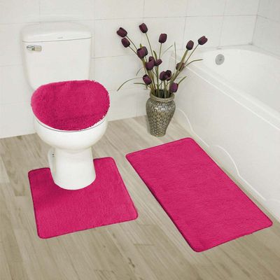 3 Piece Basic Polyester Ultra Plush Rugs Set with Toilet Lid Cover #6 (Hot Pink Magenta)