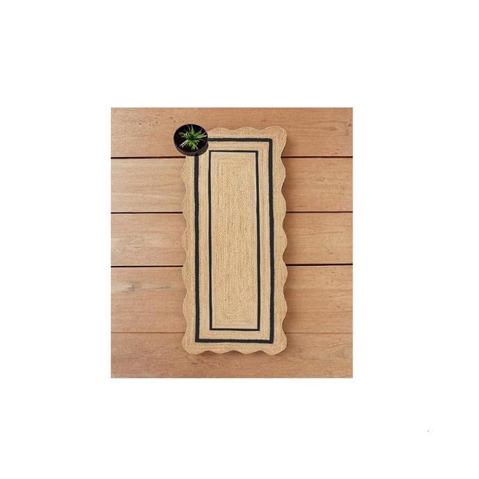 Natural Scalloped Jute Runner Rug for Entryway, Braided Jute Runner Rug for Kitchen,Reversible Indoor & Outdoor Jute Rug for Entryway, Hallway, Kitchen Floor, Scallop Runner Rug (Black, 3x14 ft)