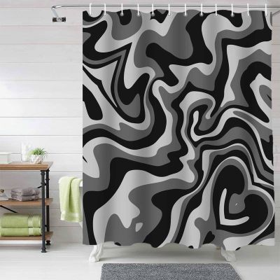 Anzona Black White Grey Waterproof Shower Curtains Set - Extra Long 72 x 96 Inch, Modern Moire Geometric Abstract Art Polyester Fabric Bathroom Curtain with 12 Hooks, Bathroom Accessories, 1 Panel