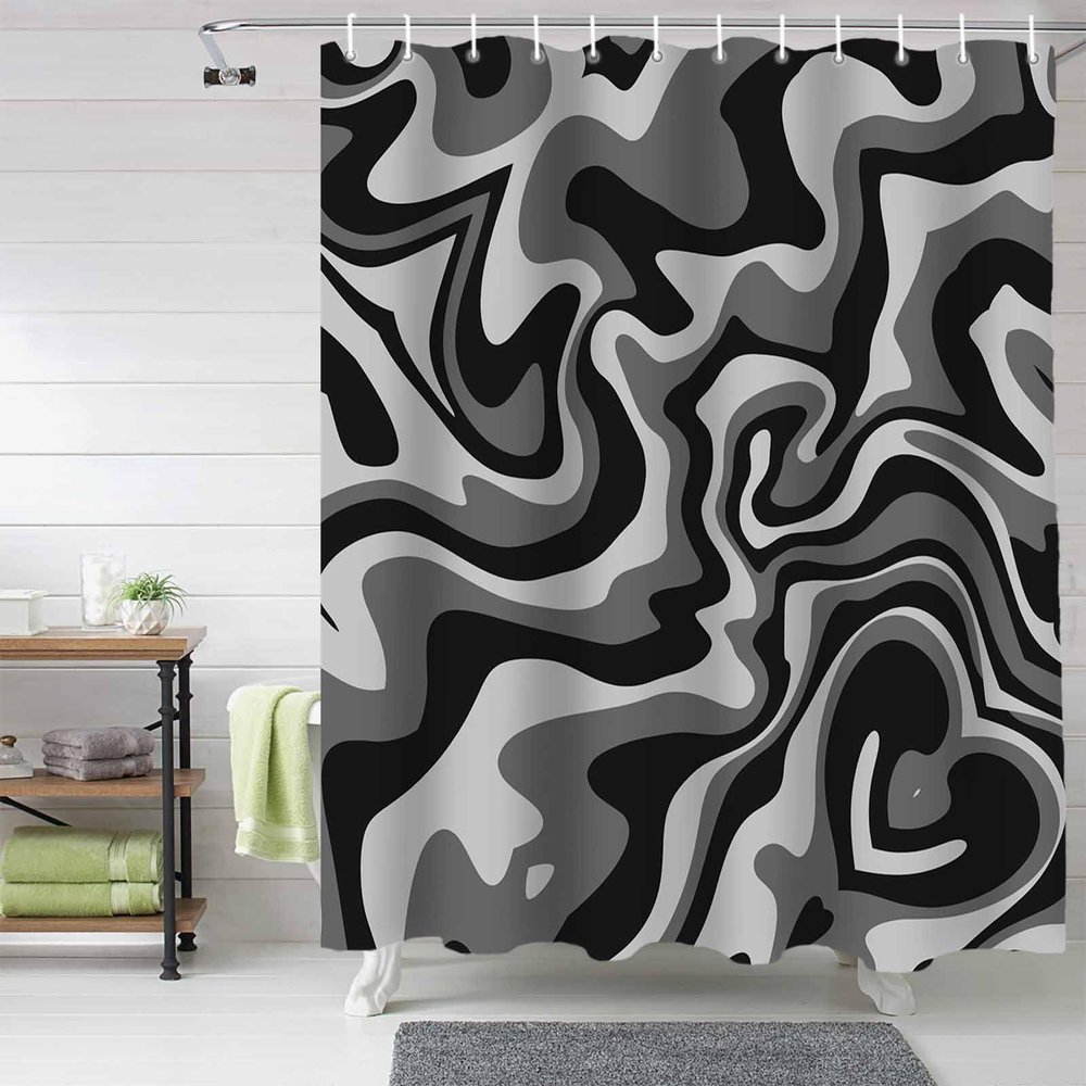 Anzona Black White Grey Waterproof Shower Curtains Set - Extra Long 72 x 96 Inch, Modern Moire Geometric Abstract Art Polyester Fabric Bathroom Curtain with 12 Hooks, Bathroom Accessories, 1 Panel
