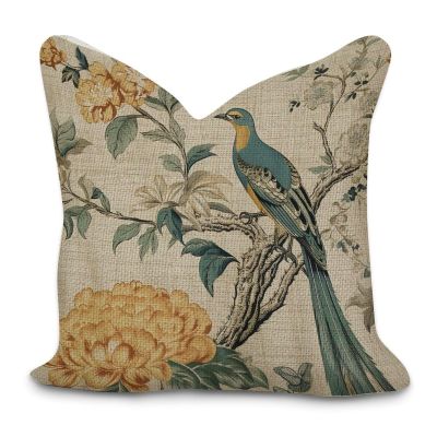 Yellow Grey Chinoiserie Floral and Bird Decorative Throw Pillow Covers 18x18in Zipped Farmhouse Square Accent Pillowcase Cushion Cover Case for Bedroom Sofa Couch Coffee Bar Club Pub Home Decor
