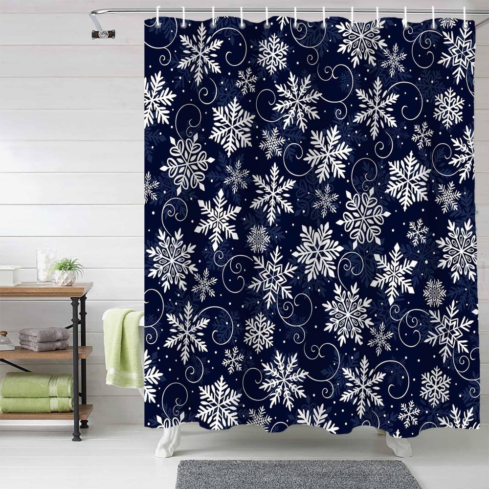 Anzona Navy Blue Christmas Snowflake Waterproof Shower Curtains Set - Standard 72 x 72 Inch, White Winter Snowflake Xmas Polyester Fabric Bathroom Curtain with 12 Hooks, Bathroom Accessories, 1 Panel