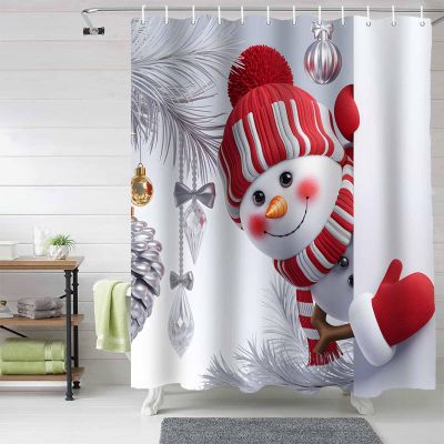 Anzona Red Snowman Christmas Waterproof Shower Curtains Set - Standard 72 x 72 Inch, Gray Xmas Tree Winter Snowflake Polyester Fabric Bathroom Curtain with 12 Hooks, Bathroom Accessories, 1 Panel