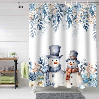 Blue Snowman Christmas Waterproof Shower Curtains Set - Standard 72 x 72 Inch, Xmas Floral Botanical Winter Snowflake Polyester Fabric Bathroom Curtain with 12 Hooks, Bathroom Accessories, 1 Panel