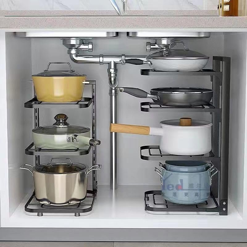 Pot Racks are specifically for pots and Pans, and There are Storage Shelves Under Stainless Steel Shelves in The Kitchen, Multi-Layer Household cabinets, Layered