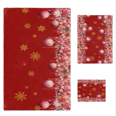 3 Piece Bath Towel Set, Red Christmas Towels Set for Bathroom Soft Bath Shower Towels Absorbent Bathroom Towels Set(Bath Towel, Hand Towel, Washcloth) Snowflake Winter Poinsettia Floral Xmas Ball