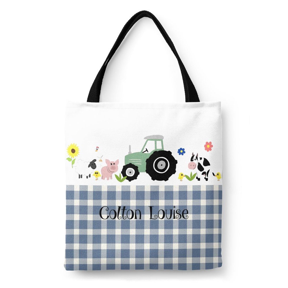 YUKILUKA Cute Farm Tractor Cow Green Canvas Tote Bag for Women and Teen Girls, Reusable Bag for Lunch Grocery School Shopping and Beach