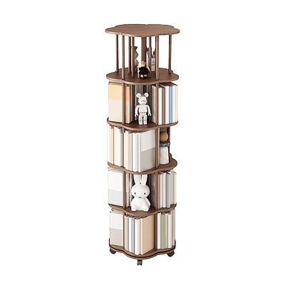 GAMAK Small Book Shelf for Small Spaces Kids Rotating Bookshelf Stand on Wheels 2-5 Tier Revolving Bookcase with Universal Wheels 360 Display Wood Book Shelf Organizer (Color : Walnut, Size : Five)