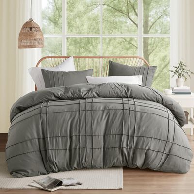 Comfort Spaces Grey King Size Duvet Cover Set - 3 Piece Pintuck Pleated Duvet Cover, All Season Lightweight, Extra Soft Pre-Washed Microfiber King Bedding Cover Shams