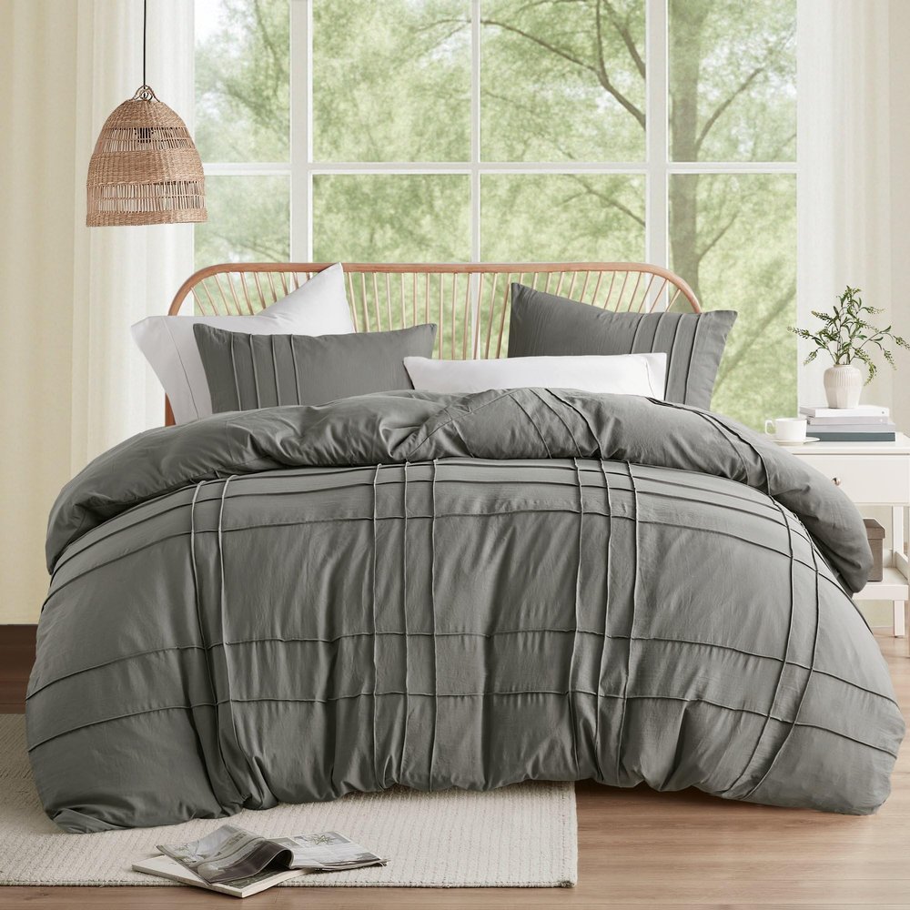 Comfort Spaces Grey King Size Duvet Cover Set - 3 Piece Pintuck Pleated Duvet Cover, All Season Lightweight, Extra Soft Pre-Washed Microfiber King Bedding Cover Shams