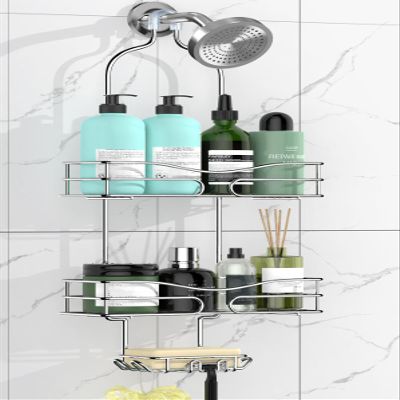 DAOYA Shower Caddy - Organizer with 6 Hooks, Soap Basket & Self-Adhesive Pad, Silver
