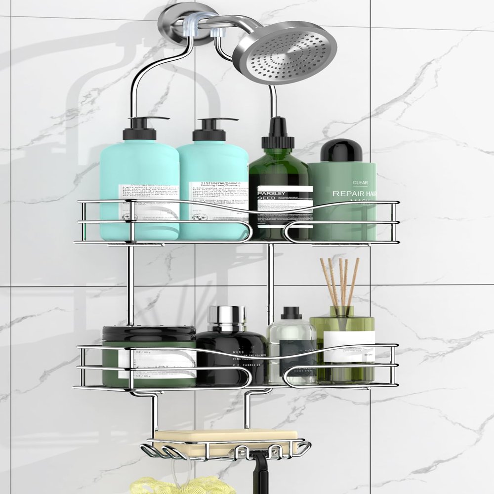 DAOYA Shower Caddy - Organizer with 6 Hooks, Soap Basket & Self-Adhesive Pad, Silver