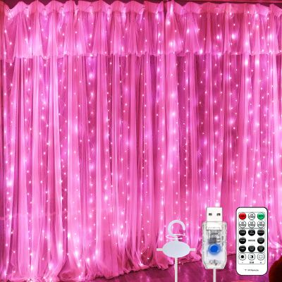 SINAMER Pink Curtain Light for Bedroom, 300 LED 9.8ft x 9.8ft Window Fairy Curtain String Light with 16 Hooks, 8 Models Remote Control for Wedding Party Home Garden Indoor Decorations