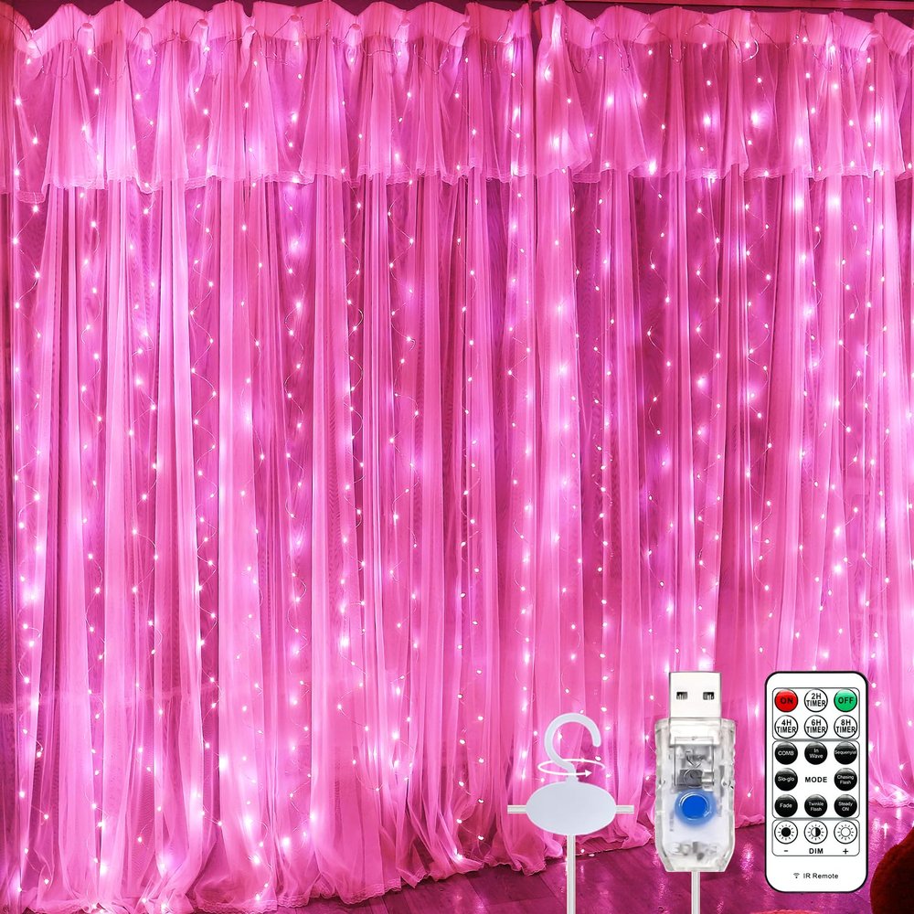 SINAMER Pink Curtain Light for Bedroom, 300 LED 9.8ft x 9.8ft Window Fairy Curtain String Light with 16 Hooks, 8 Models Remote Control for Wedding Party Home Garden Indoor Decorations