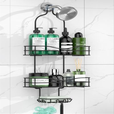 DAOYA Bathroom Shower Caddy Hanging - 3-Tier Organizer with Soap Holder & 6 Hooks for Towels, Sponge; Fits 21mm Shower Head Arm, Black
